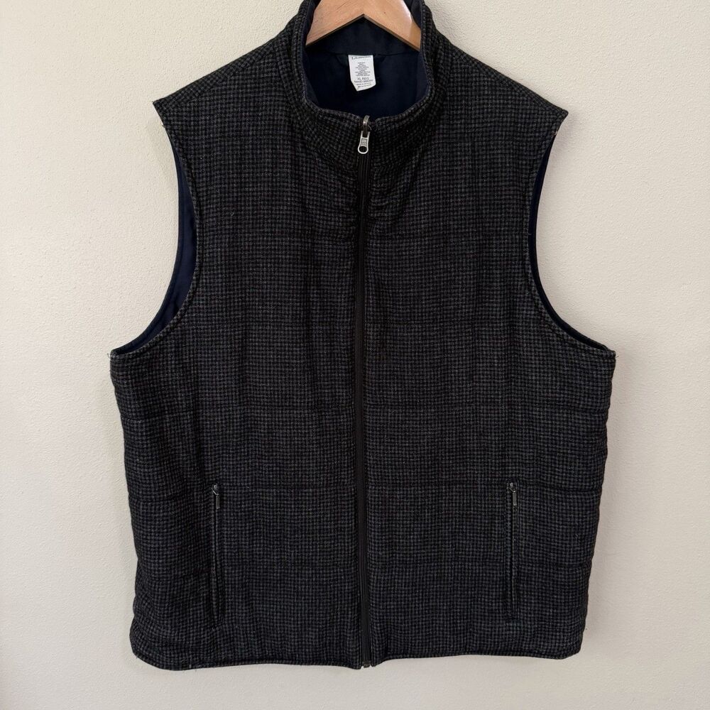 LL Bean Tweed Houndstooth Wool Vest Mens XL Regular Full Zip Outdoor Gray
